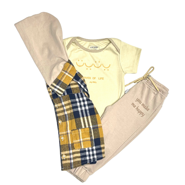 Conjunto de niño 3 piezas sudadera + mameluco + camisa leñadora.