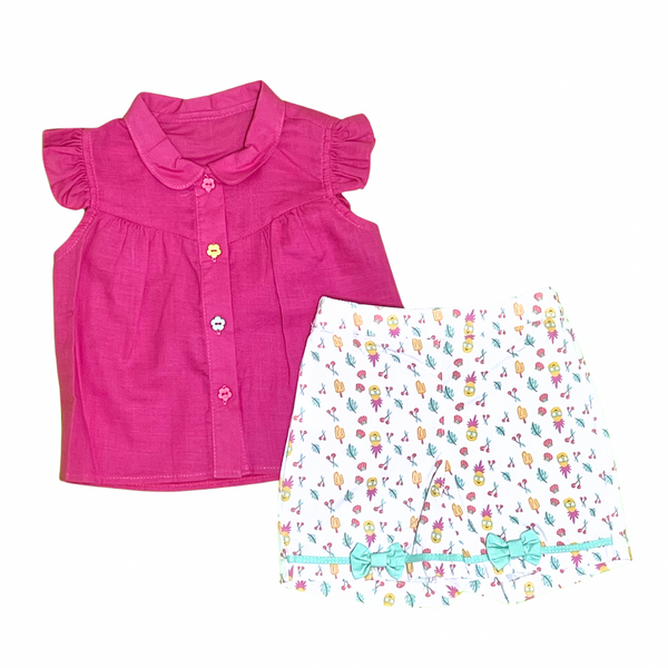 Conjunto niña lino fucsia con short flores