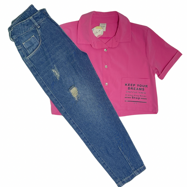 Conjunto niña 2 piezas jean destroyer + Blusa ñ fucsia