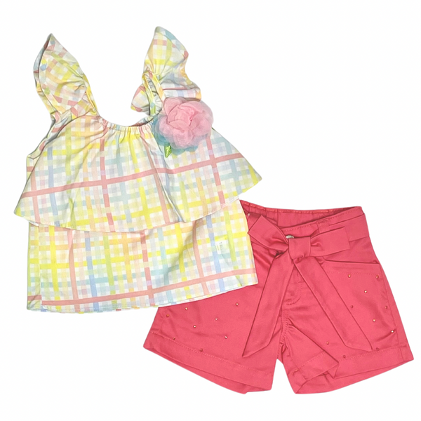 Conjunto niña 2 piezas short + blusa cuadros colores pastel con flor prendedor manga sisa y boleros